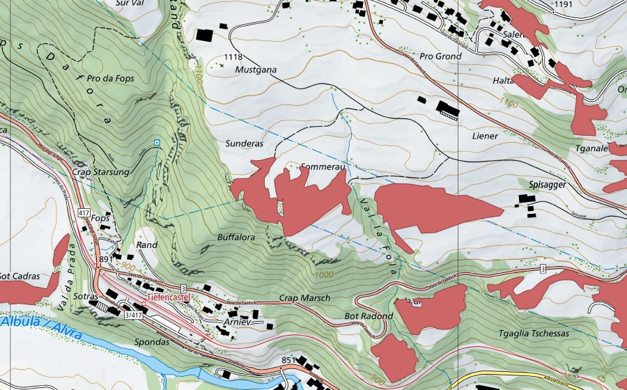 Carte nationale swisstopo avec le périmètre protégé de Sunderas (Prairie sèche)
