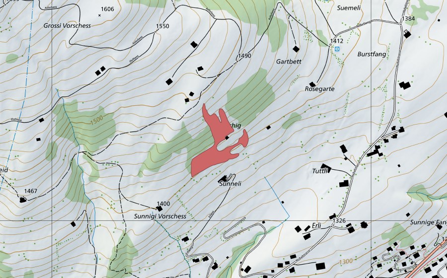 Carte nationale swisstopo avec le périmètre protégé de Sunneli (Prairie sèche)