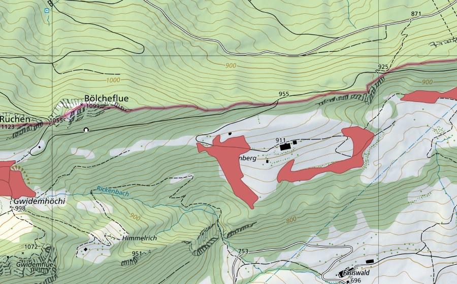 Carte nationale swisstopo avec le périmètre protégé de Sunnenberg (Prairie sèche)