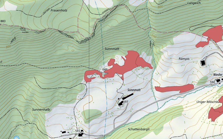 Carte nationale swisstopo avec le périmètre protégé de Sunnenhalb (Prairie sèche)