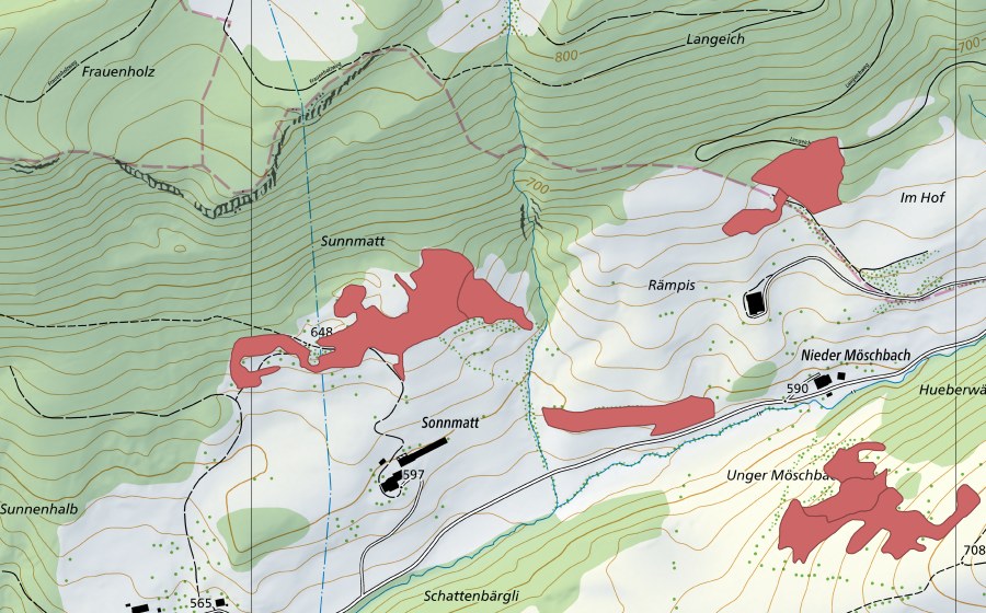 Carte nationale swisstopo avec le périmètre protégé de Sunnenhalb (Prairie sèche)