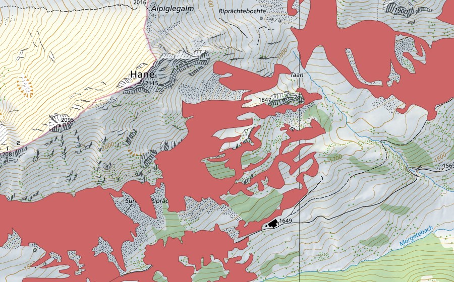 Carte nationale swisstopo avec le périmètre protégé de Sunnig Riprächte (Prairie sèche)