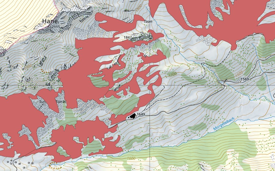 swisstopo national map showing the protected perimeter of Sunnig Riprächte (Dry meadow)