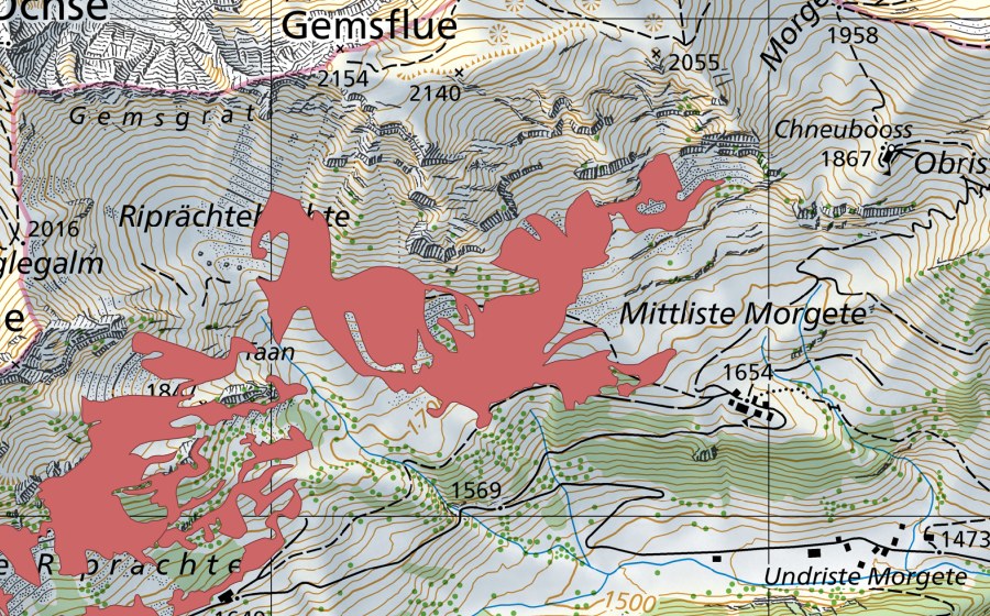 Landeskarte swisstopo mit dem Schutzperimeter von Sunnig Riprächte (Trockenwiese)