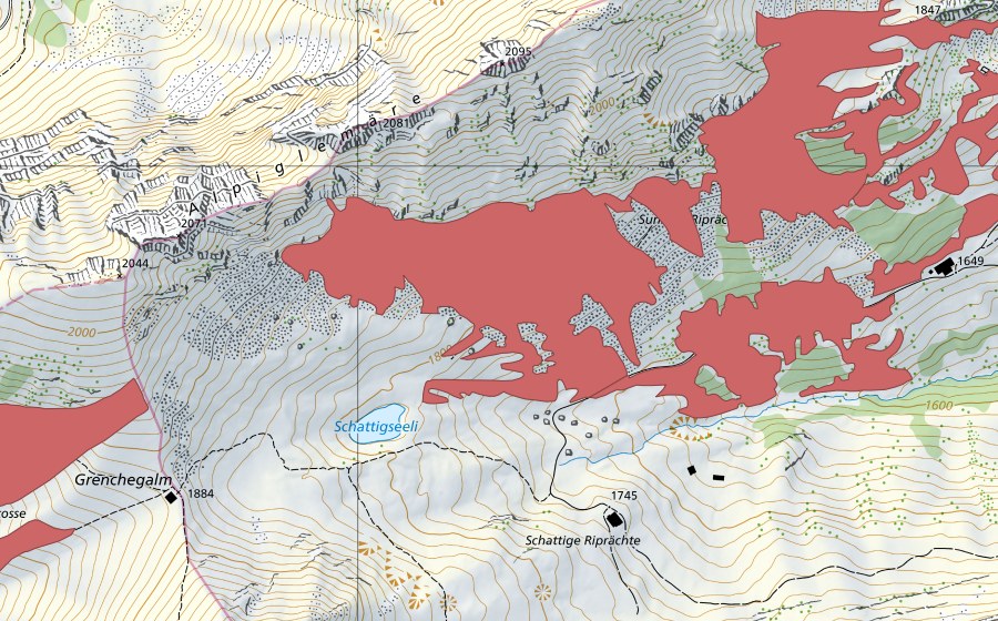 swisstopo national map showing the protected perimeter of Sunnig Riprächte (Dry meadow)