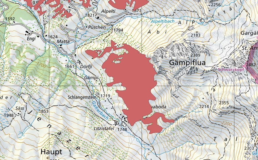 Landeskarte swisstopo mit dem Schutzperimeter von Sunnistafel (Trockenwiese)