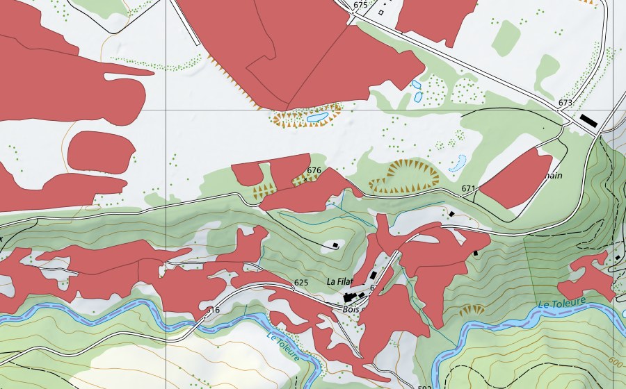 Landeskarte swisstopo mit dem Schutzperimeter von Sur Champagne (Trockenwiese)