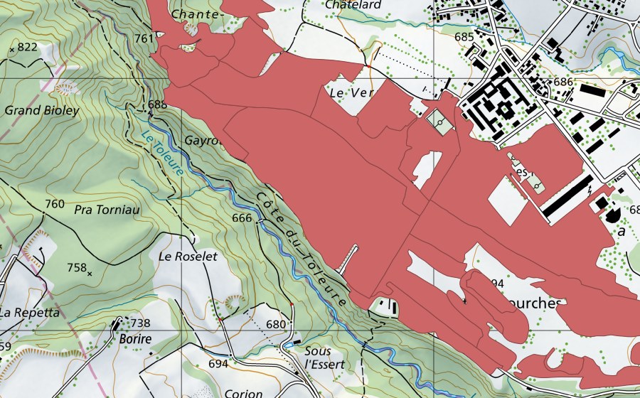 Carta nazionale swisstopo con il perimetro protetto di Sur Champagne (Prato secco)