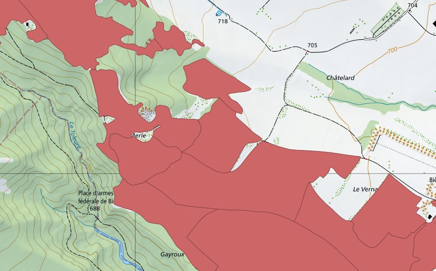 Landeskarte swisstopo mit dem Schutzperimeter von Sur Champagne (Trockenwiese)