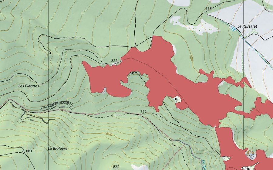 Carte nationale swisstopo avec le périmètre protégé de Sur Champagne (Prairie sèche)