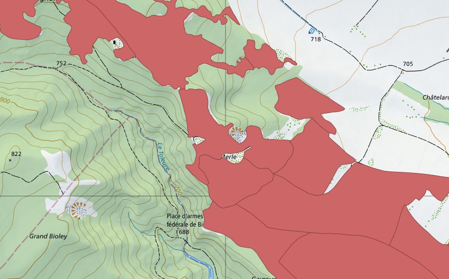 swisstopo national map showing the protected perimeter of Sur Champagne (Dry meadow)
