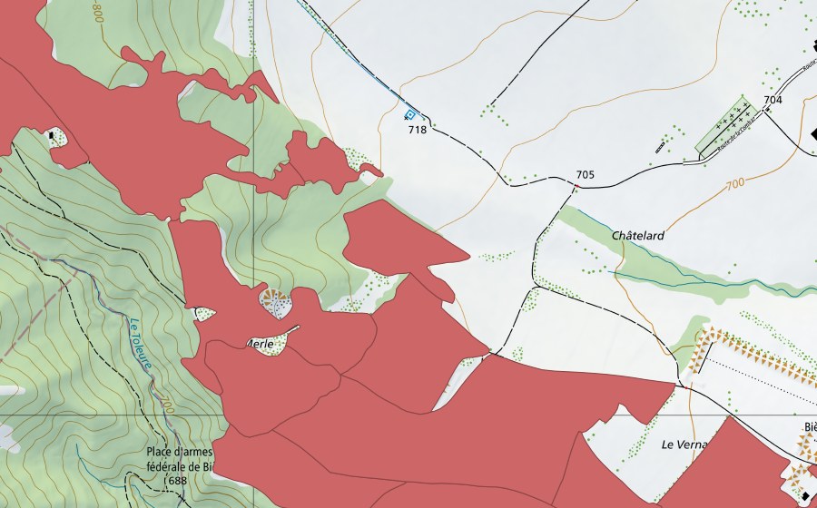 Landeskarte swisstopo mit dem Schutzperimeter von Sur Champagne (Trockenwiese)