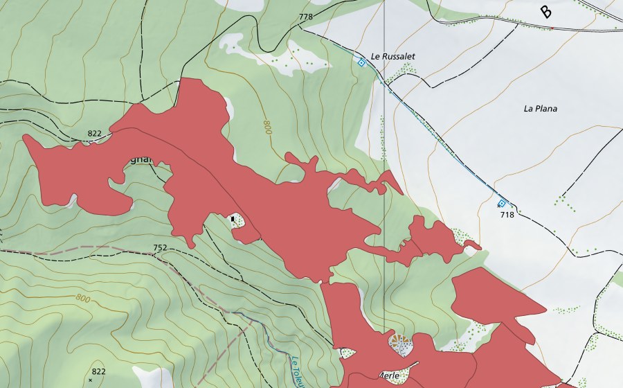 swisstopo national map showing the protected perimeter of Sur Champagne (Dry meadow)