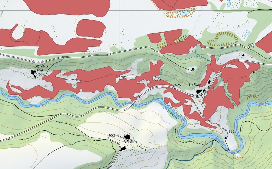 Landeskarte swisstopo mit dem Schutzperimeter von Sur Champagne (Trockenwiese)