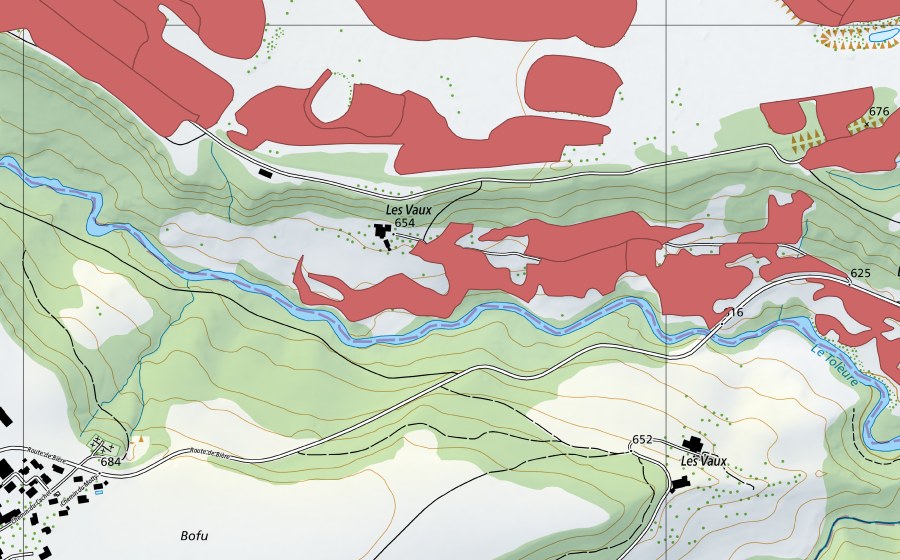Landeskarte swisstopo mit dem Schutzperimeter von Sur Champagne (Trockenwiese)