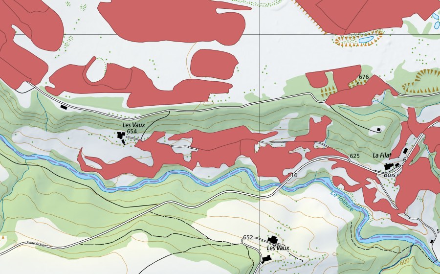 Landeskarte swisstopo mit dem Schutzperimeter von Sur Champagne (Trockenwiese)