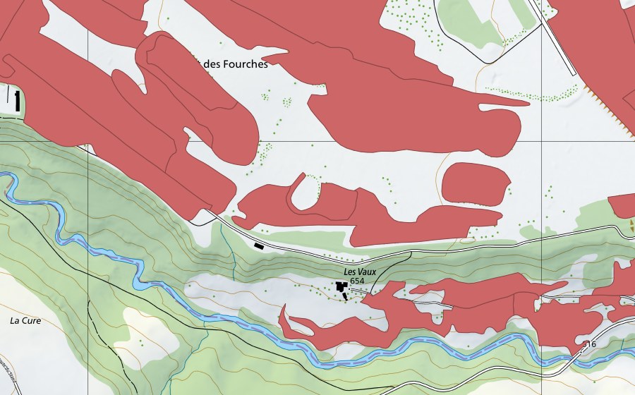 Landeskarte swisstopo mit dem Schutzperimeter von Sur Champagne (Trockenwiese)