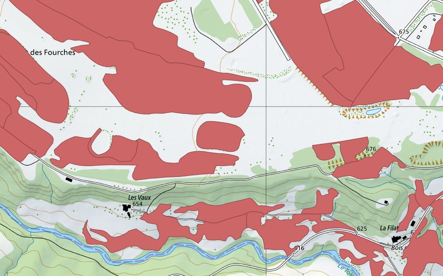 swisstopo national map showing the protected perimeter of Sur Champagne (Dry meadow)