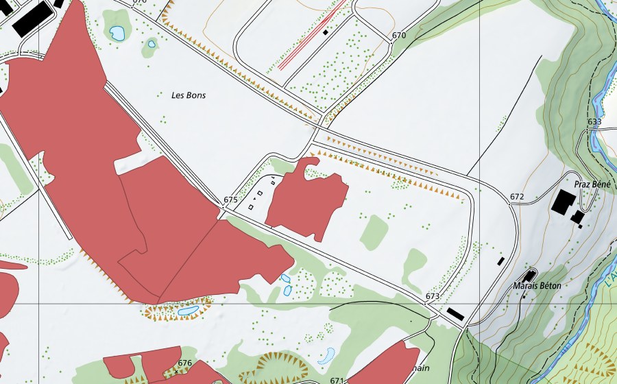 swisstopo national map showing the protected perimeter of Sur Champagne (Dry meadow)