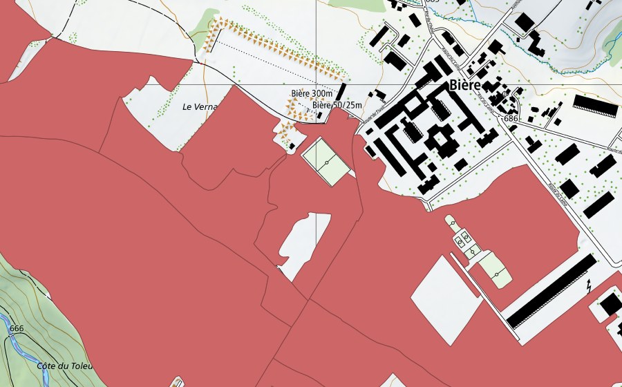 Landeskarte swisstopo mit dem Schutzperimeter von Sur Champagne (Trockenwiese)