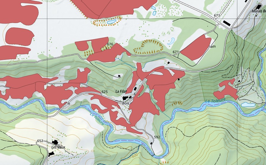 swisstopo national map showing the protected perimeter of Sur Champagne (Dry meadow)