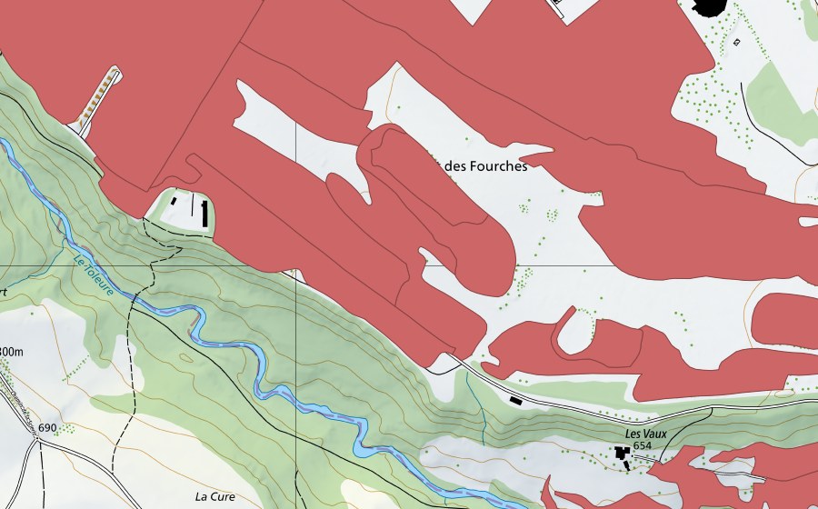 Carte nationale swisstopo avec le périmètre protégé de Sur Champagne (Prairie sèche)