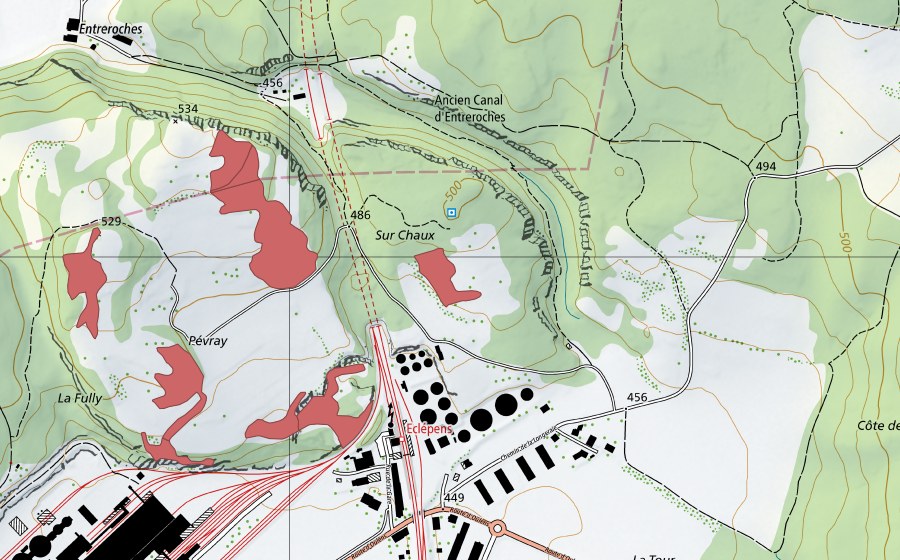 swisstopo national map showing the protected perimeter of Sur Chaux (Dry meadow)