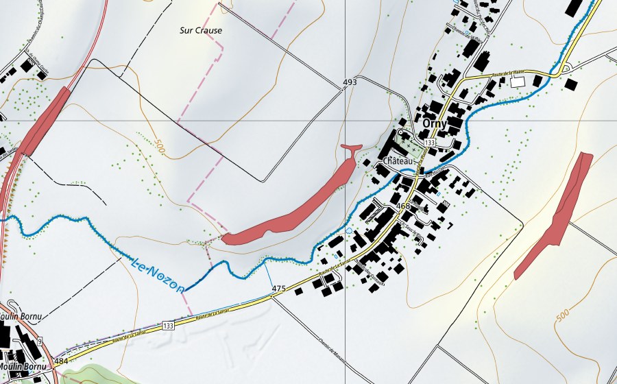 Carte nationale swisstopo avec le périmètre protégé de Sur Crause (Prairie sèche)