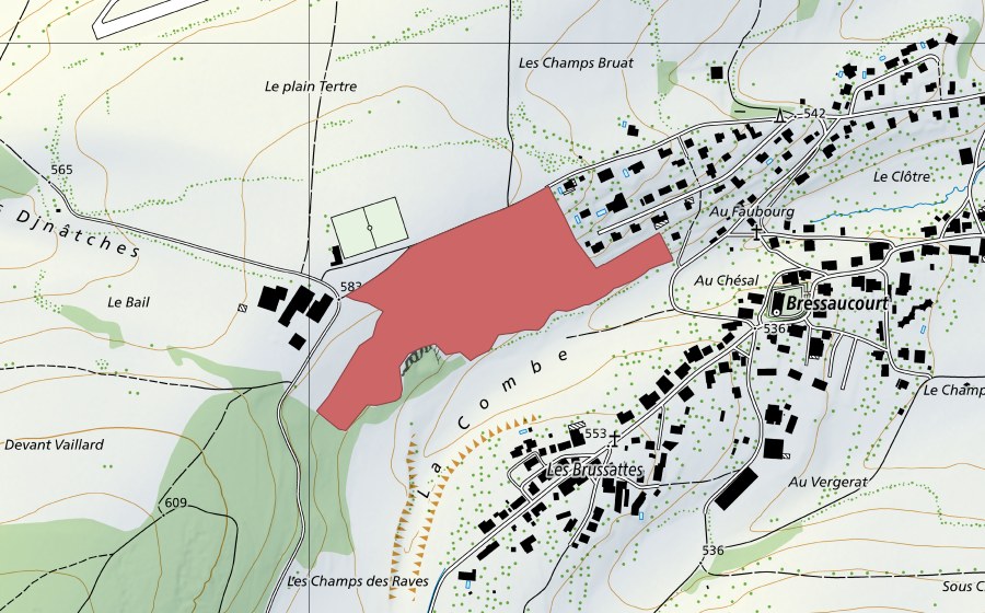 Carte nationale swisstopo avec le périmètre protégé de Sur la Côte (Prairie sèche)
