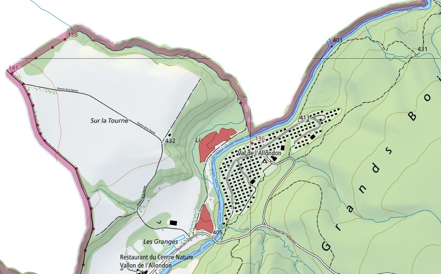 swisstopo national map showing the protected perimeter of Sur la Tourne (Dry meadow)