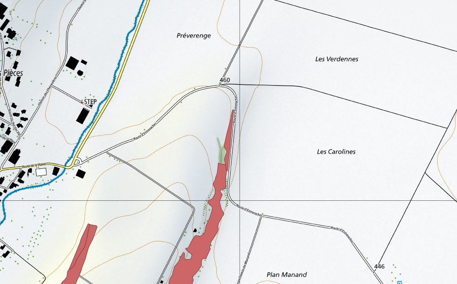 Carte nationale swisstopo avec le périmètre protégé de Sur le Mont (Prairie sèche)