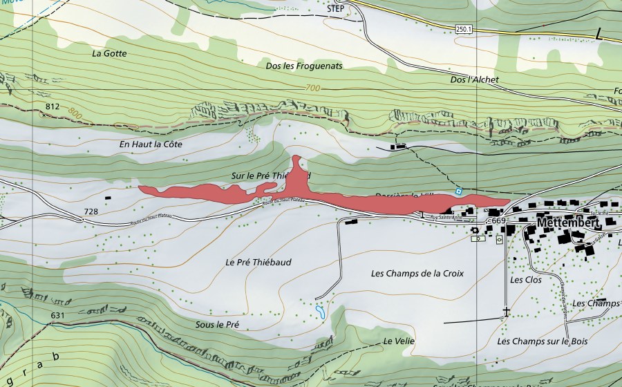 Landeskarte swisstopo mit dem Schutzperimeter von Sur le Pré (Trockenwiese)