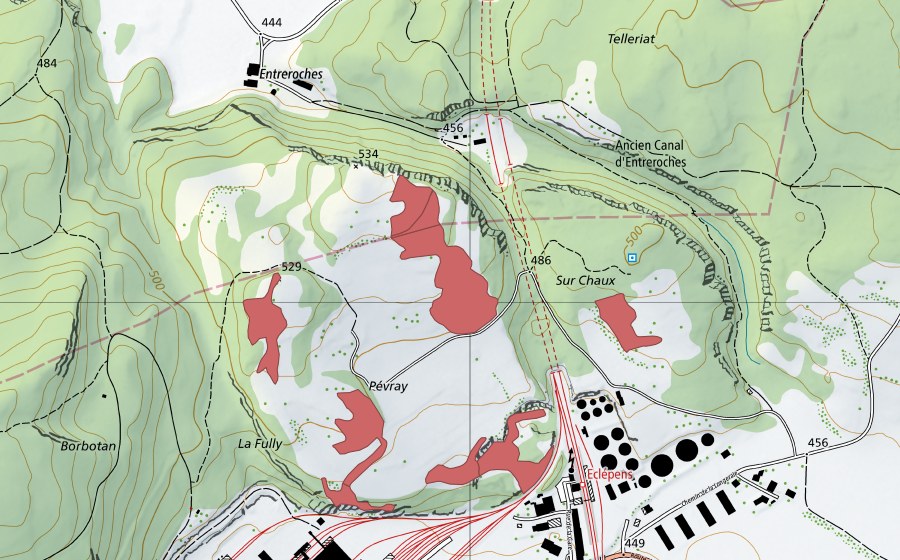 Landeskarte swisstopo mit dem Schutzperimeter von Sur Pévraz (Trockenwiese)