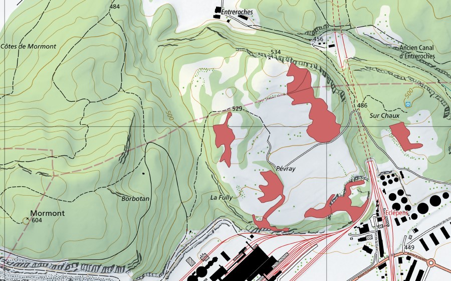Carte nationale swisstopo avec le périmètre protégé de Sur Pévraz (Prairie sèche)