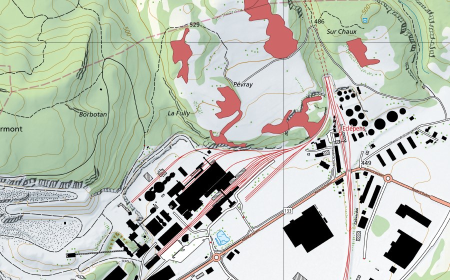 swisstopo national map showing the protected perimeter of Sur Pévraz (Dry meadow)