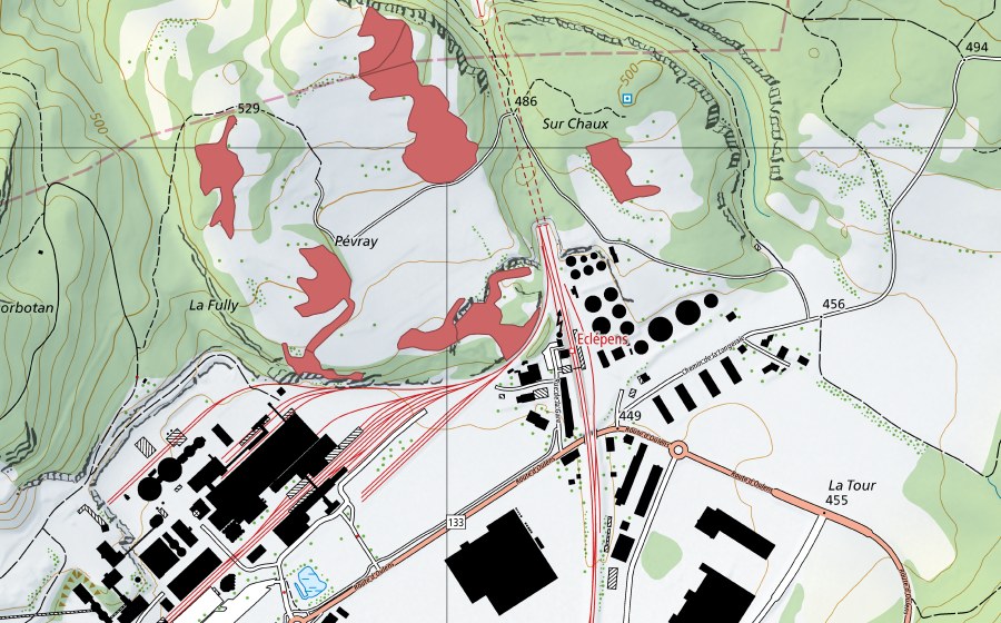 Carte nationale swisstopo avec le périmètre protégé de Sur Pévraz (Prairie sèche)