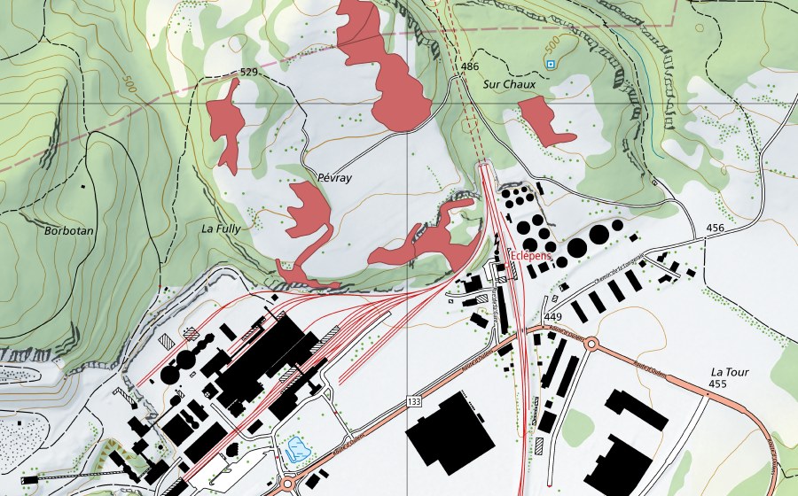 Landeskarte swisstopo mit dem Schutzperimeter von Sur Pévraz (Trockenwiese)