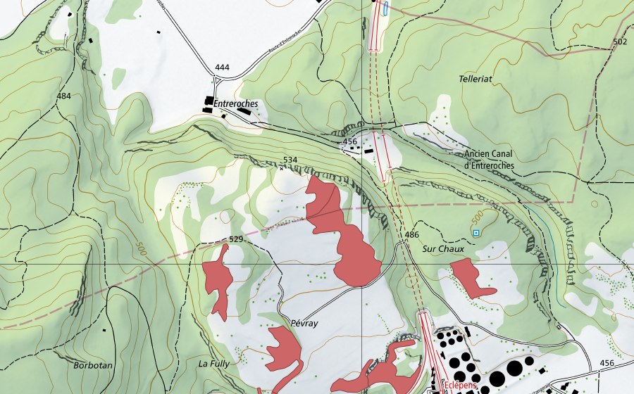 Carte nationale swisstopo avec le périmètre protégé de Sur Pévraz (Prairie sèche)