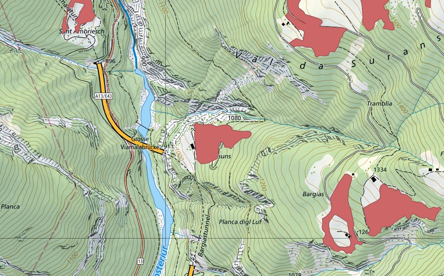 Carte nationale swisstopo avec le périmètre protégé de Suransun (Prairie sèche)