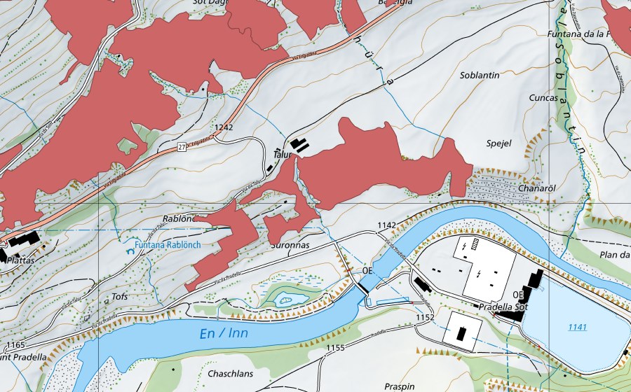 Carte nationale swisstopo avec le périmètre protégé de Suronnas (Prairie sèche)