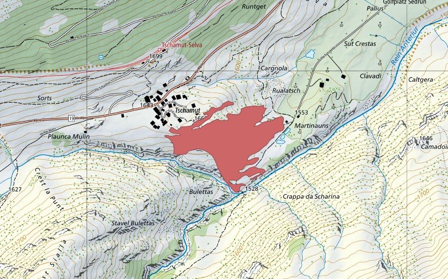 Carte nationale swisstopo avec le périmètre protégé de Sut Crestas (Prairie sèche)