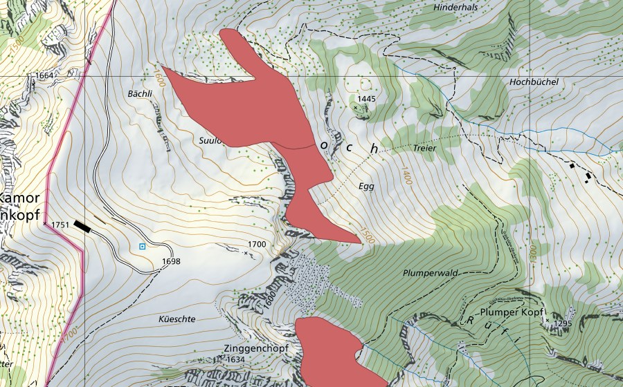 Carte nationale swisstopo avec le périmètre protégé de Suulöcher (Prairie sèche)