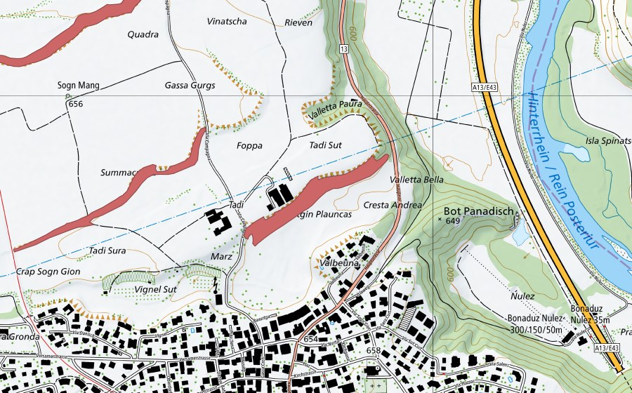 Carte nationale swisstopo avec le périmètre protégé de Tadi (Prairie sèche)