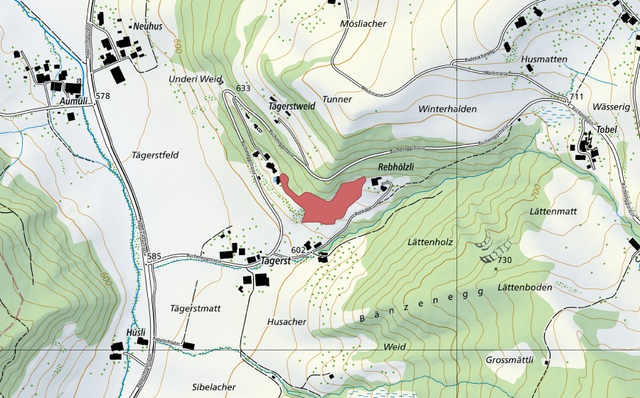 Landeskarte swisstopo mit dem Schutzperimeter von Tägerst (Trockenwiese)