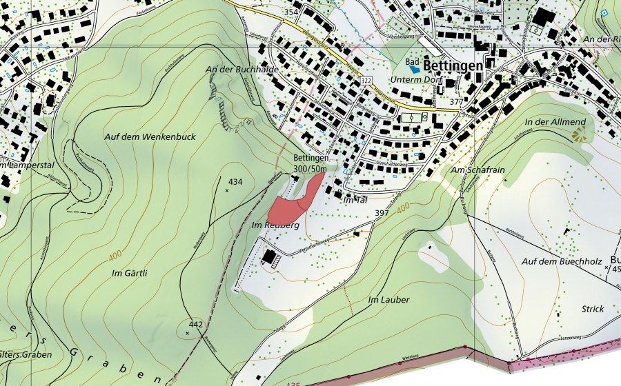 swisstopo national map showing the protected perimeter of Tal (Dry meadow)
