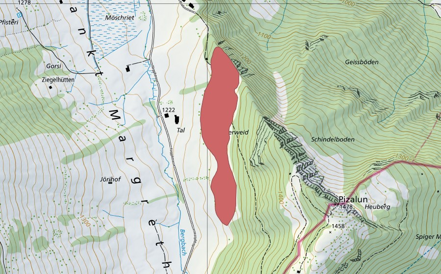 Carte nationale swisstopo avec le périmètre protégé de Tal (Prairie sèche)