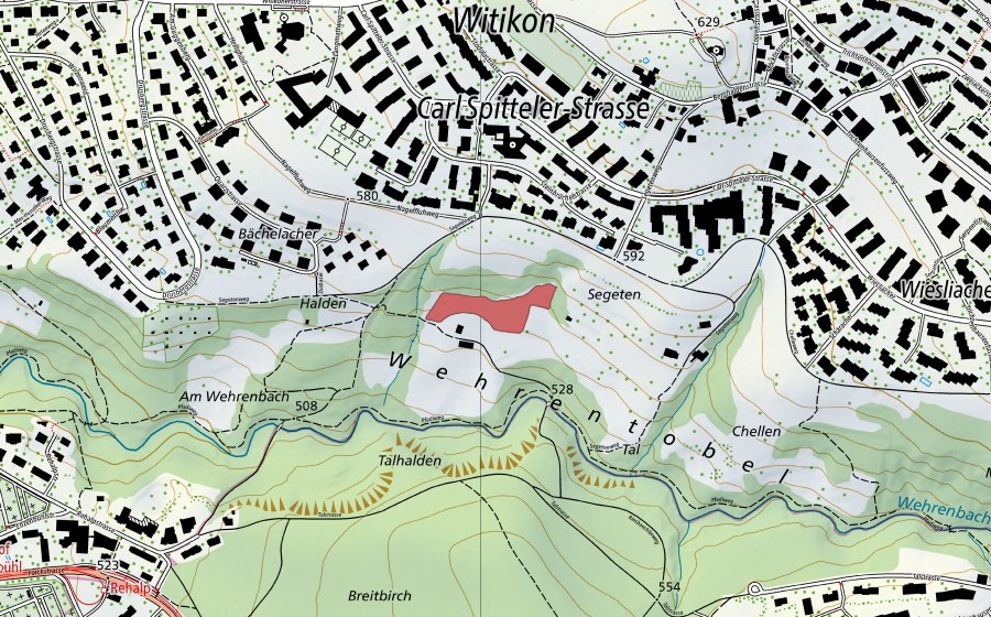 swisstopo national map showing the protected perimeter of Tal (Dry meadow)