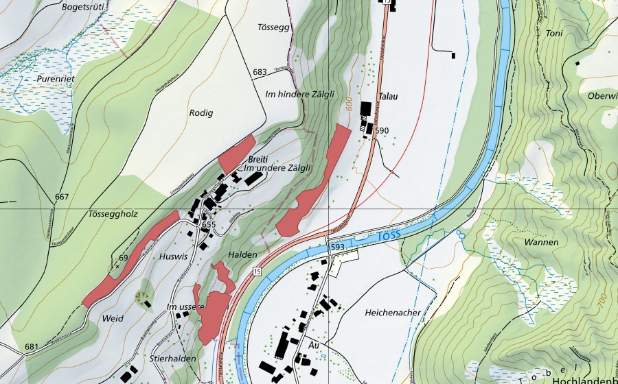 Carte nationale swisstopo avec le périmètre protégé de Talau (Prairie sèche)
