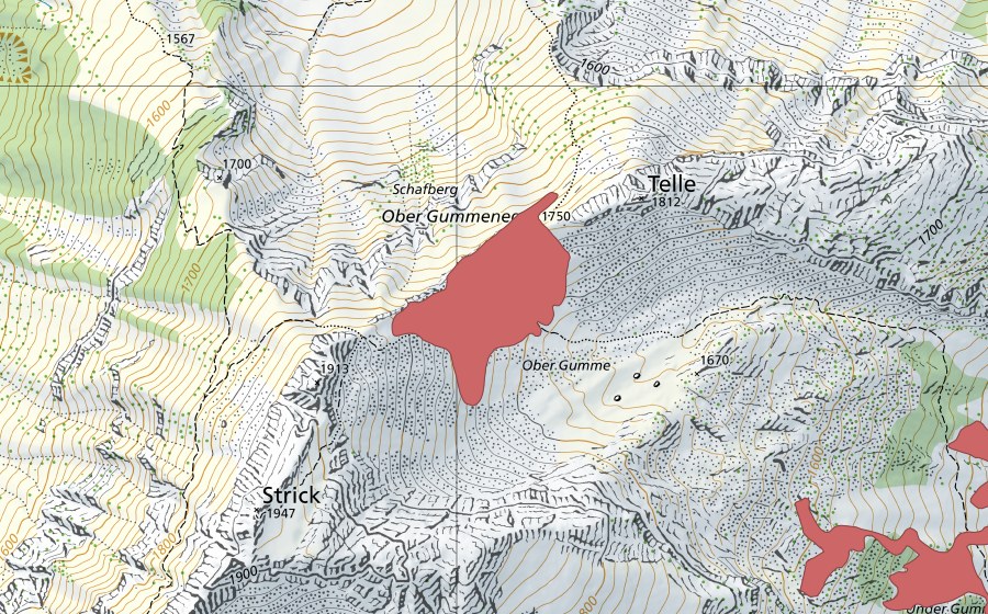 swisstopo national map showing the protected perimeter of Tällen (Dry meadow)