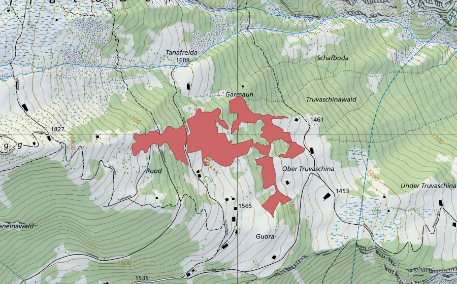 Carte nationale swisstopo avec le périmètre protégé de Tanafreida (Prairie sèche)